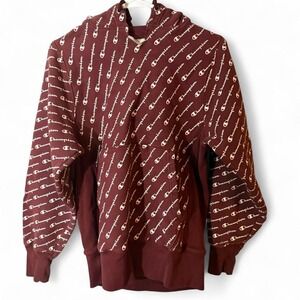 Y2K Champion All Over Logo Print Burgundy Hoodie